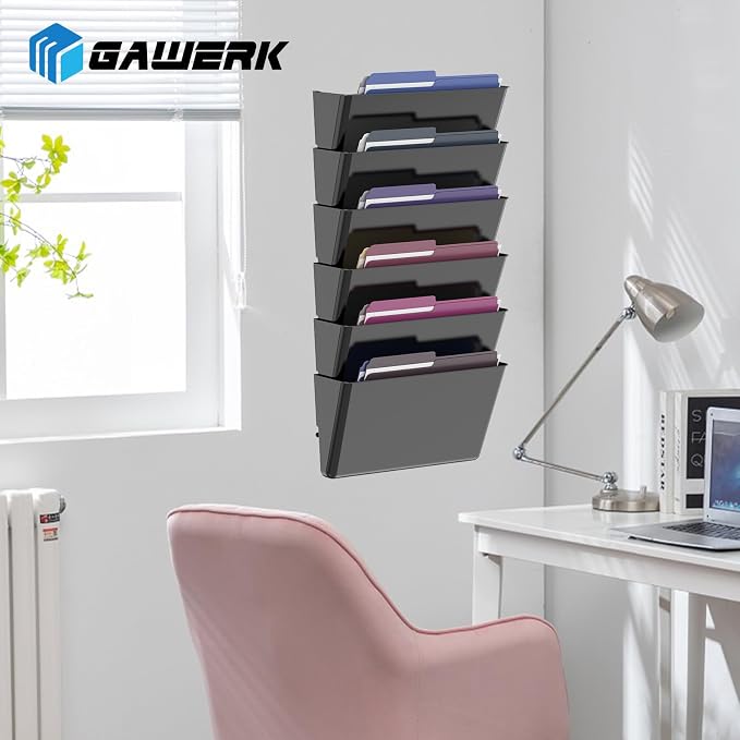 Gawerk Clear Acrylic Single Pocket, Plastic Hanging Wall Mount File Holder for Office Home (Black, 6 Pack)