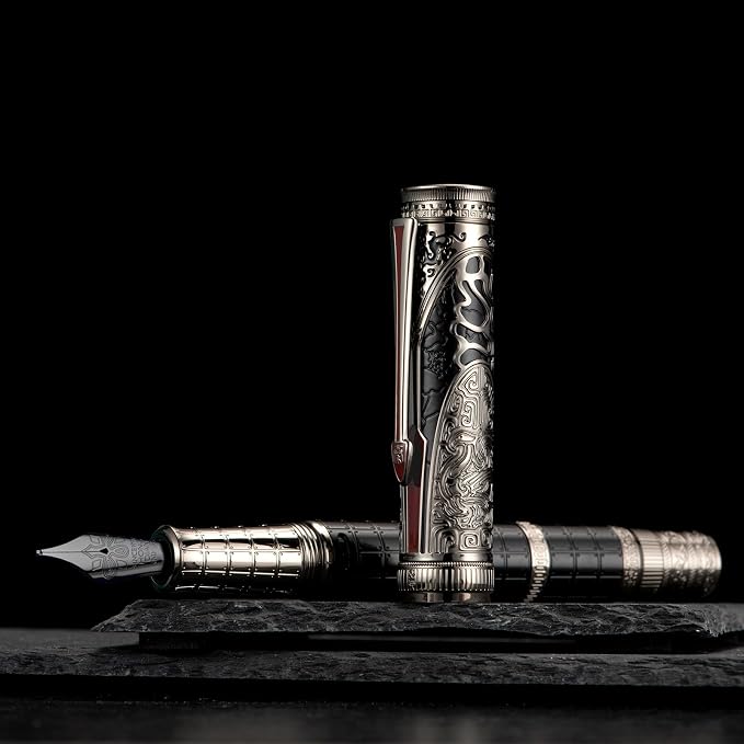 Hongdian D5X Fountain Pen Black Color Medium Nib, Qin Dynasty Retro Chinese Totem Engraving Smooth Writing Pen with Converter and Pen Box Set