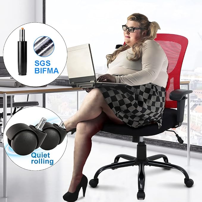 Big & Tall Office Chair Heavy Duty 400LBS Computer Desk Chair Ergonomic Task Rolling Swivel Mesh Chair with Lumbar Support & Adjustable Armrest Executive Chair for Women Men, Red