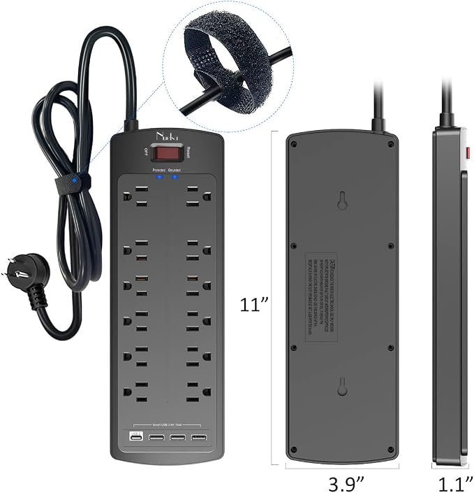 Power Strip, Nuetsa Surge Protector with 12 Outlets and 4 USB Ports, 6 Feet Flat Plug Extension Cord for Home, Office, Dorm Essentials, 2700 Joules, ETL Listed (Black)