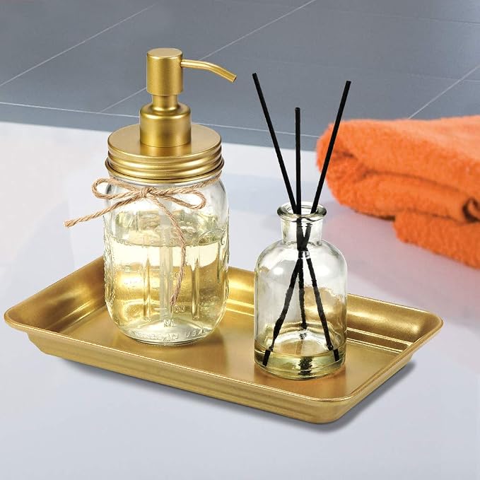 SheeChung Metal Vanity Tray, Bathroom Counter Storage Tray, Gold 4 Pack | Sturdy Decorative Tray Holder, Farmhouse Vintage Decor Accessories for Perfume, Cosmetics, Jewelry, Makeup, Guest Hand Towel