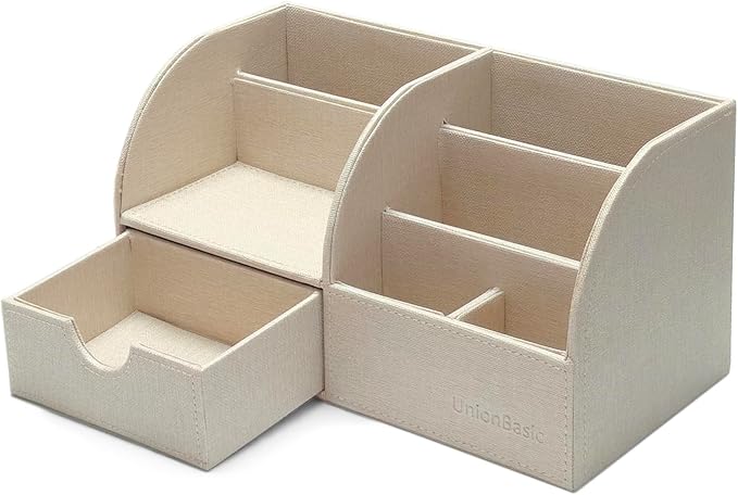 UnionBasic Desk Organizer - Multifunctional Leather Desktop Pen Holder Storage Box - Business Card/Pen/Pencil/Mobile Phone/Stationery Holder, Beige