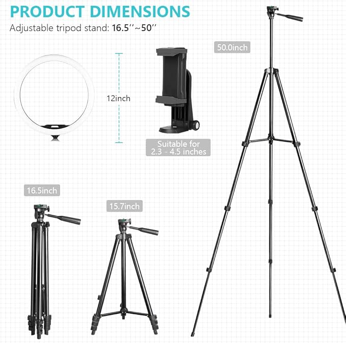Sensyne 12'' Ring Light with 50'' Extendable Tripod Stand, LED Circle Lights with Phone Holder for Live Stream/Makeup/YouTube Video/TikTok, Compatible with All Phones (Pack of 2)