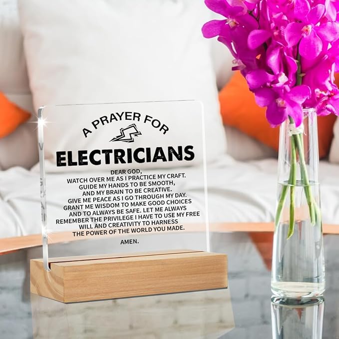 Electrician Gifts for Men Women Desk Accessories Decor Sign | Graduation Gifts for Electricians, Electrician Prayer, Home Office Living Room Desk Decor, Clear, Acrylic, 4 x 4 Inches
