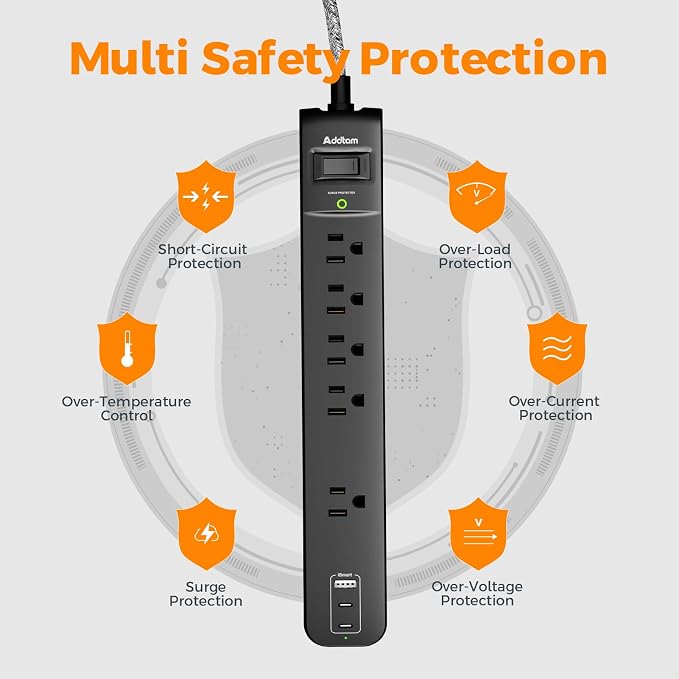 2 Pack Power Strip Surge Protector - 5 Widely Spaced Outlets 3 USB Charging Ports, 1875W/15A 6Ft Braided Extension Cord, Flat Plug Overload Protection, Wall Mount for Home Office Dorm Room Essentials