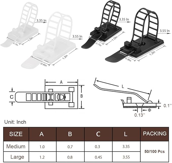 50Pcs Adhesive Cable Management Clips with 50Pcs Zip Ties, Adjustable Nylon Cable Strap Ties Wire Clips Clamps Organizer, Extra Screw & Hole - 3.55 Inch White