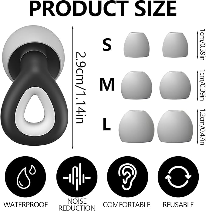 Ear Plugs for Sleeping Noise Cancelling - Black Reusable Earplugs for 24dB Noise Reduction Snoring Concerts Sleep Deep Focus Work Travel Study, Silicone Flexible Hearing Protection Ear Plugs +3Tips
