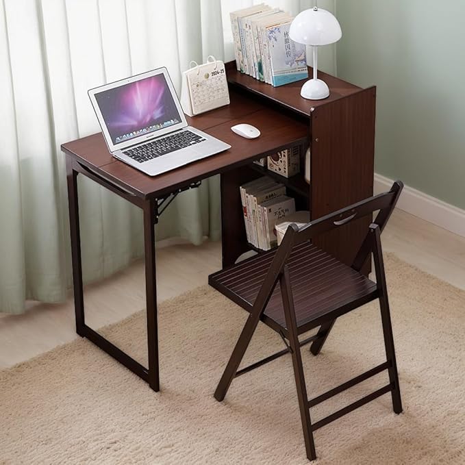 Bamboo Folding Out Desk with Storage Shelves, Expandable Hidden Computer Desk, Foldable Space-Saving Pull Out Murphy Table, Writing Table for Home Office Bedroom Small Spaces (Walnut)