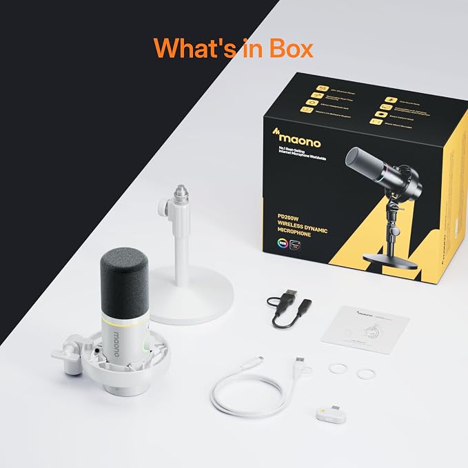 MAONO PD200W Hybrid Wireless Podcast Microphone for PC, Dynamic XLR USB Mic with Desktop Stand, Software, Noise Cancellation, for Vocal Recording, Streaming, Content Creation,White