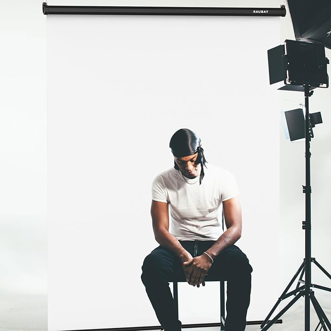 RAUBAY Retractable Pull Down White Screen Backdrop - 59.8" x 86.6" Collapsible Wall-Mount Background for Professional Video Production, Photography, TikTok and Video Conferencing
