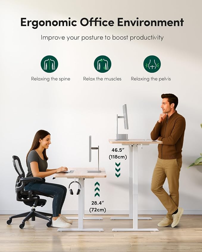 CubiCubi 55 x 28 Inch Large One-Piece Standing Desk, Adjustable Height Electric Computer Home Office Sit Stand up Whole Board Workstation, with Memory Presets, Headphone Hook, Maple