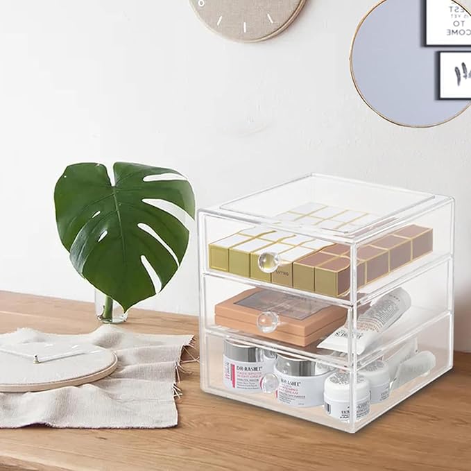 AJIODA Makeup Drawer Organizer Box with 3 Drawers, Acrylic Cosmetic Display Case Vanity Organizer Jewelry Storage Box Stackable Storage for Cosmetics, Skin Care, Bathroom, Countertop, Clear