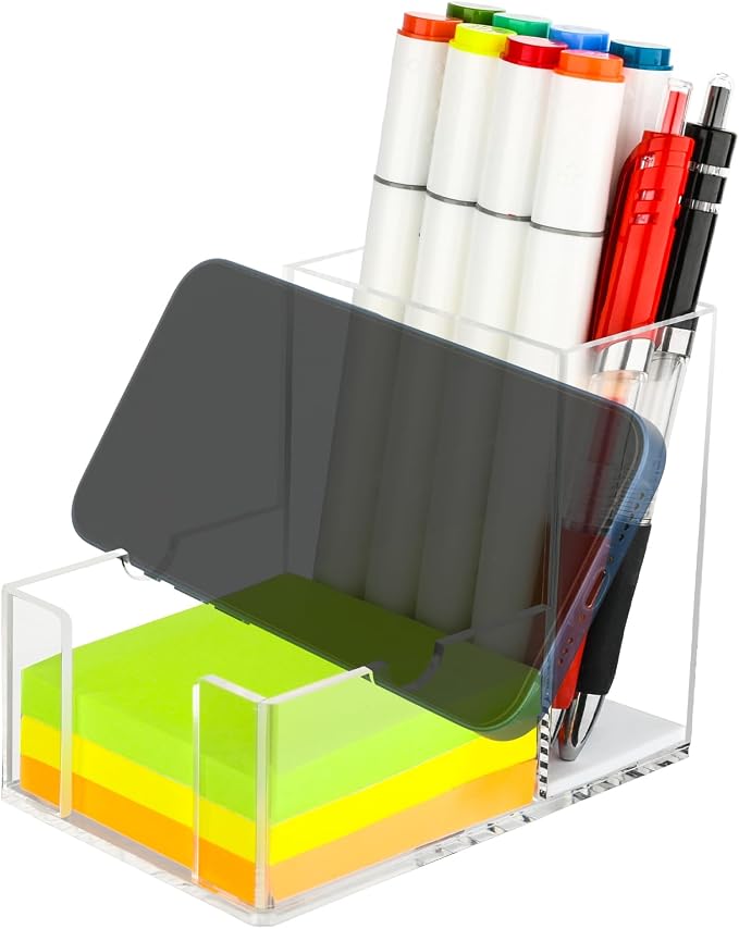 Sticky Note Holder, Crystal Clear Acrylic Pen and Sticky Note Dispenser for 3x3 Inches Note Pads, Simple Phone Stand for Office Home School Dorm Room Desk Organizer(No Pads) (1)