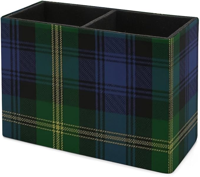 Tartan PU Leather Pen Holder Desk Organizer, 2-Compartment Pencil Container for Office, Home, Vanity Use