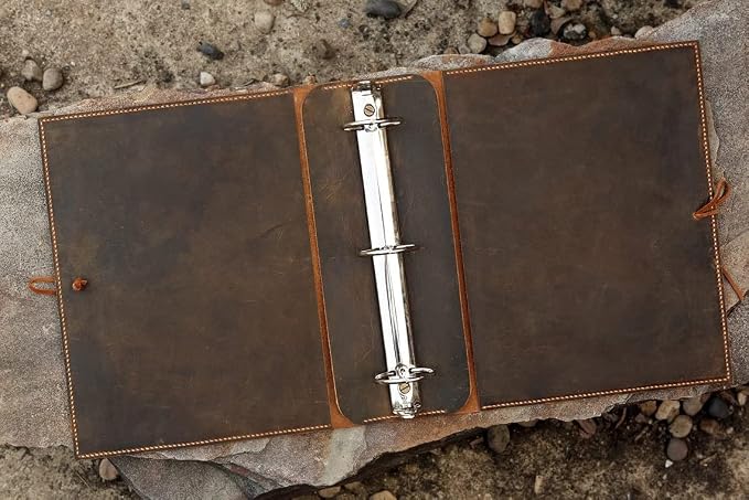 leather 2 inch 3 ring presentation binder portfolio organizer, vintage leather notepad document folder hard cover letter size