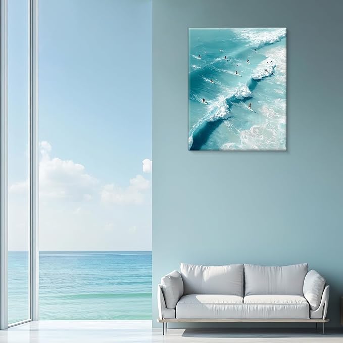 Coastal Ocean Surfing Wall Art Decor Nautical Beach Surf Painting Picture Artwork Blue Ocean Wall Decor for Home Beach Room Bedroom 8x10 Canvas Framed