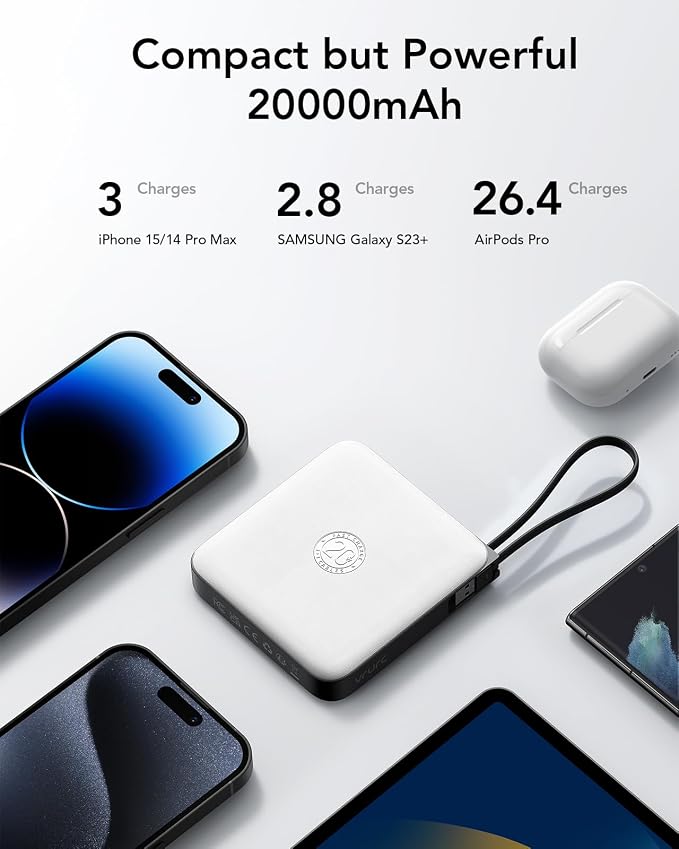 20000mAh Portable Charger Built-in Cables, 22.5W Fast Charging Power Bank | LED Display, Travel Essentials for iPhone 17/16/15 Series, Samsung Galaxy S26 Series, Battery Pack ,White
