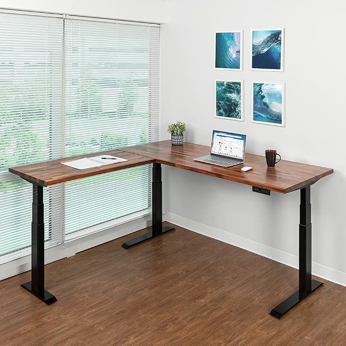 S STAND UP DESK STORE Triple Motor Electric L-Shaped Corner Standing Desk with EZ Assemble Frame (Black Frame/Solid Walnut Top, 71 inch W x 71 inch D)