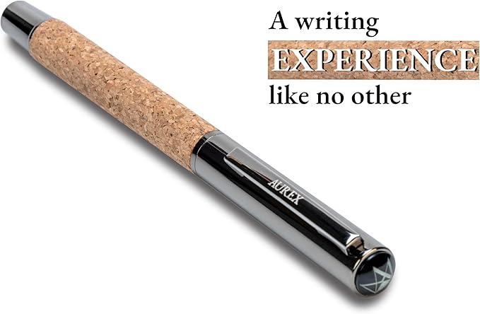 AUREX Luxury Rollerball Pen – Full Metal & Recycled Wood Design, Cork Grip, Elegant Gift Box w/Extra Refill – Fancy Executive Writing Pen