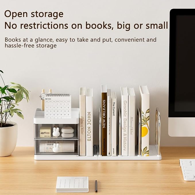 Desk Organizer with Bookends, Desktop Storage Box with 2 Drawers (White) | Multi-Functional Desk Accessories Organizer with 3 Top Compartments and 4 Bookends for Home Office School Supplies