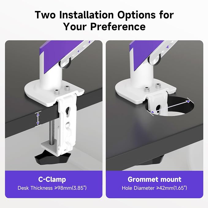 Suptek Monitor Mount Gas Spring Monitor Arm Desk Mount Fully Adjustable Fits 17 20 22 23 24 26 27 32 35 inch Monitors Weight Capacity up to 24.25 lbs (White+Purple, 17"-35")