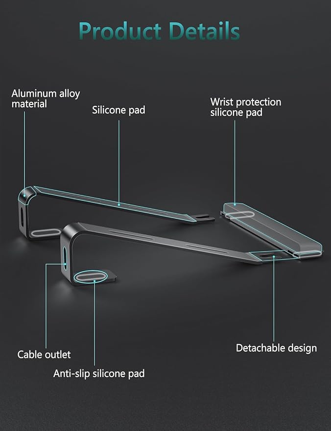 JCZT Aluminum Laptop Stand, Laptop Riser with Wrist Rest, Black | Ergonomic Detachable Portable Laptop Stand for Desk, Notebook Holder Compatible with MacBook Air Pro, All 10-17'' Laptops