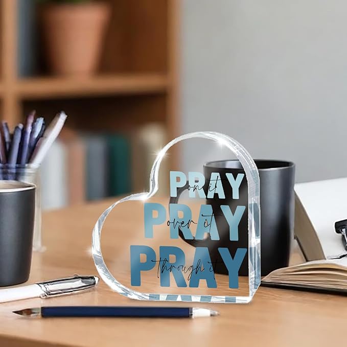 Religious Plaques Christian Woman Decor Gifts, Blue Prayer Room Decor, Pray On It Pray Over It Acrylic Sign Decorative for Home Pastor Farmhouse Living Room Church Table Desk Bookshelf