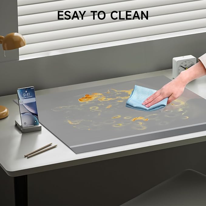 VASUHOME 32" x 20" Grey Tempered Glass Desk Mat - Multi-Functional Desk Pad for Keyboard and Monitor Protection, Dry Erase Surface, Ideal Table Top Protector for Home & Office