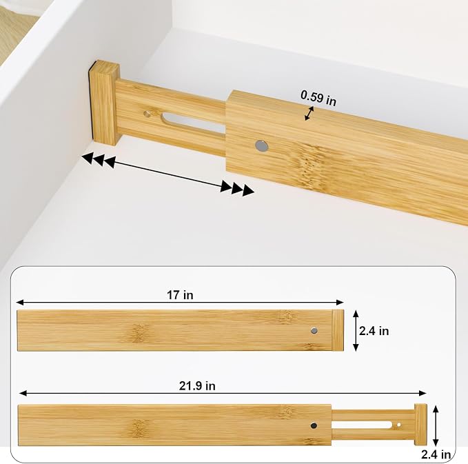 Bamboo Kitchen Drawer Divider 4 Pack,17-22" Adjustable Dresser Drawer Organizer for Bathroom,Bedroom,Natural,2.4 inch High