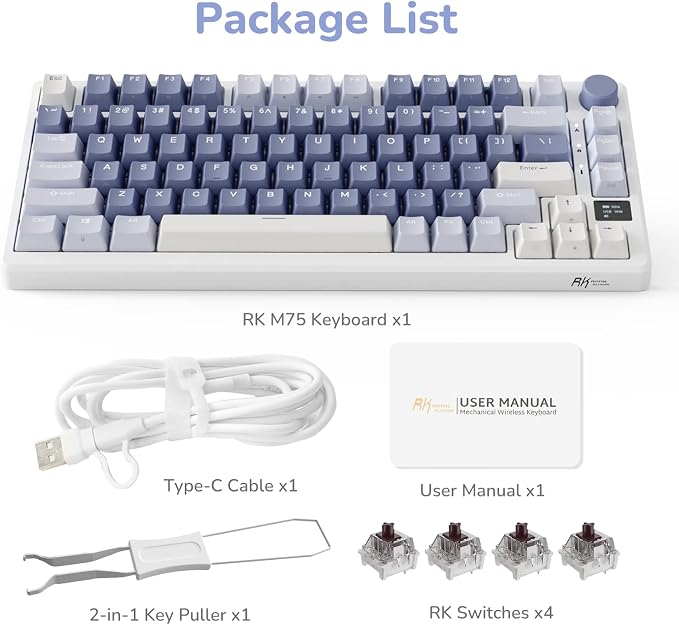 RK ROYAL KLUDGE M75 Mechanical Keyboard with OLED Smart Display and Volume Knob, 2.4G/USB-C/BT Gasket Mounted 75% Layout Wireless Gaming Keyboard with 81 Keys, RGB Backlit Hot-Swappable Brown Switch