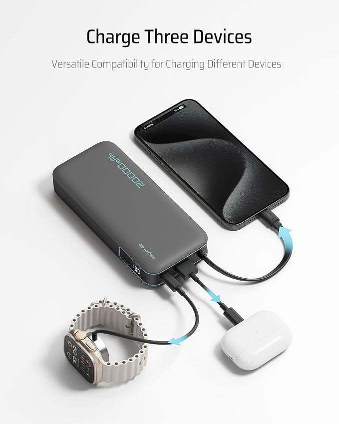 CUKTECH 45W Power Bank 20000mAh, Portable Travel Charger Built-in USB C Cable, Fast Charging Battery Pack for iPhone 16/15/14/13, iPad, Samsung Galaxy, Google Pixel, Android and More (White)