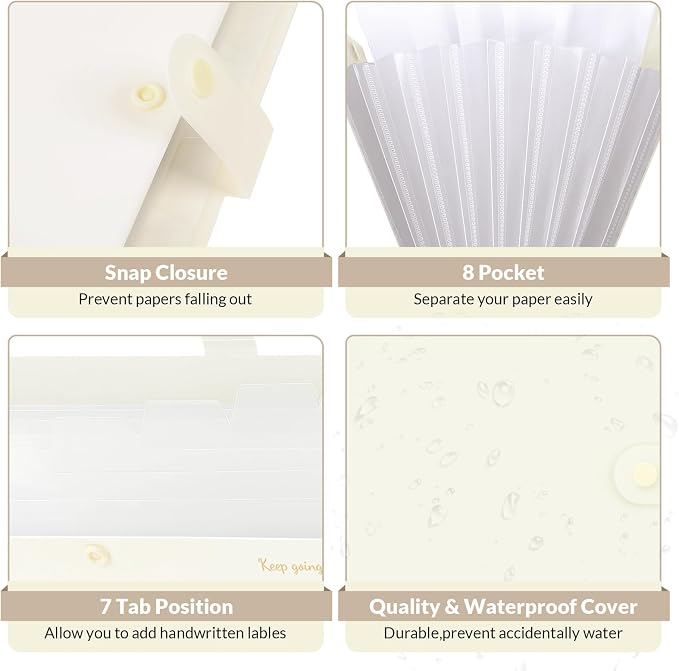 SKYDUE Accordion File Organizer, Expanding File Folder with 8 Pockets, Portable Document Paper Organizer, Letter/A4 Size Filing Folder,School Office Supplies Hospital Bag Essentials Cream