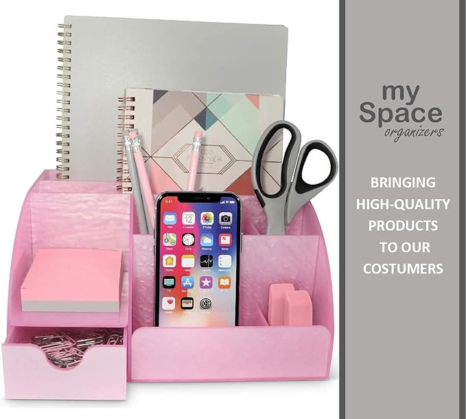 My Space Organizers Pink Desk Organizer Office, Acrylic, with Drawer, 9 Compartments, Supplies and Cool Desk Accessories Organizer, Desktop Pen Holder (Pink)