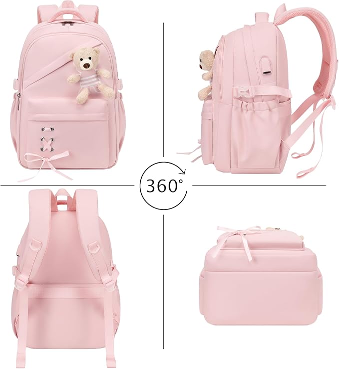 ACESAK School Backpack for Girls - 3 PCS Cute Girls Backpack with Lunch Box & Pencil Case - Kawaii Casual Kids Bookbag School Bag Daypacks Set for Elementary Middle High School Student Teens (Pink)