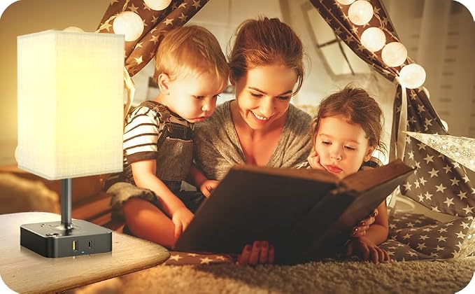 cozoo Bedside Table Lamp with 3 Levels Brightness,Dimmable Table Lamp with USB C+A Charging Ports,2 AC Outlets,Nightstand Lamp White Shade,Touch Bedroom Lamp for Living Read Work