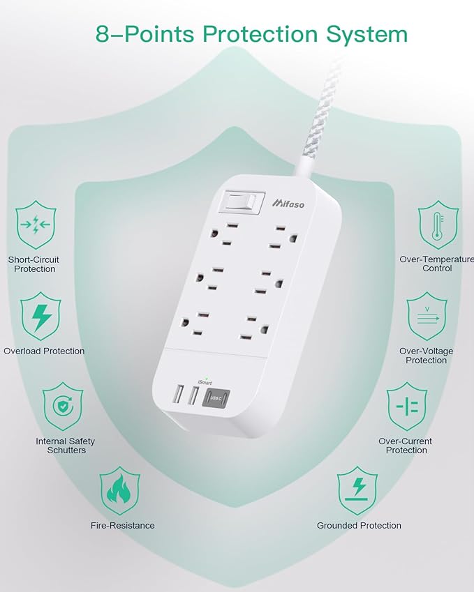 Flat Power Strip - 5 FT Plug Extension Cord, 6 Outlets 4 USB Ports Outlet Extender with Overload Protection, Wall Mount, Desktop Charging Station for Home, Office and Dorm Essential