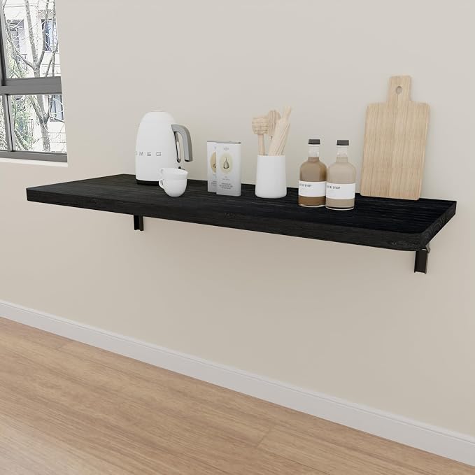 IAE Wall Mounted Folding Table with Pine Wood,36" x 14" Floating Wall Desk,Laundry Folding Table with Shelf Brackets,Fold Down Desk Shelf,Fold Workbench for Apartments,Home,Laundry Room,Kitchen,Black