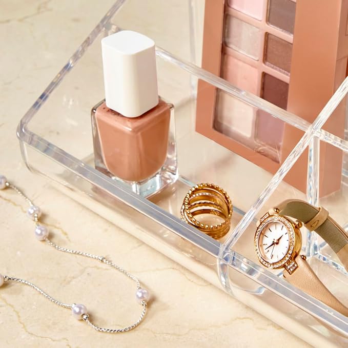 STORi Clear Plastic Vanity Makeup Organizer | 6-Compartment Holder for Brushes, Eyeshadow Palettes, & Beauty Supplies | Curved Front Design | Made in USA