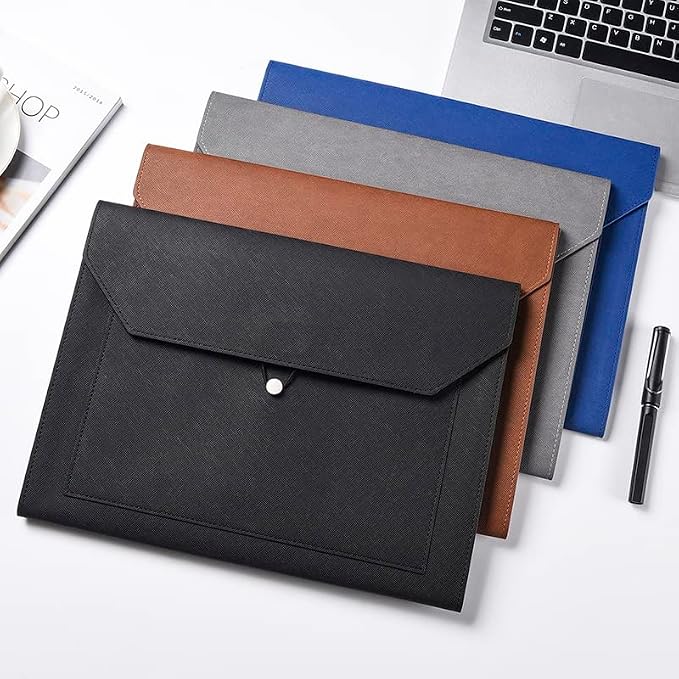 PU Leather A4 File Folder Document Holder 2 Pockets Portfolio Envelope Folder Case with Elastic String 3/4 Inch Expansion (Black)