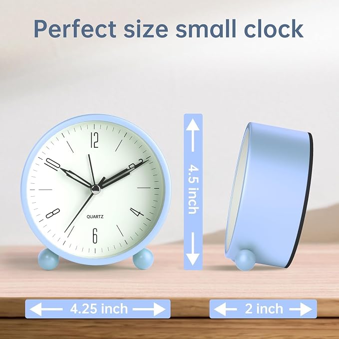 Analog Alarm Clock, 4 inch Super Silent Non Ticking Small Clock with Night Light, Battery Operated, Simple Design, Old fashioned Style SkyBlue decor, for Bedroom, Bedside, Desk, Adult, Gift, Blue