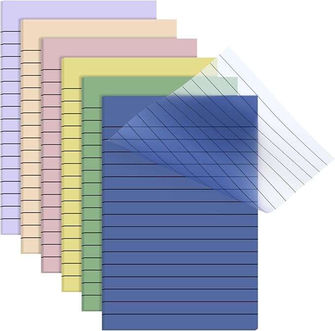 Yinder 6 Pack 180 Sheets Pastel Transparent Sticky Notes Translucent Clear Lined Self Sticky Note, Back to School Gifts for Bible Tabs, Book Tabs, School Supplies, Office, 4 x 6 Inch (Light Color)