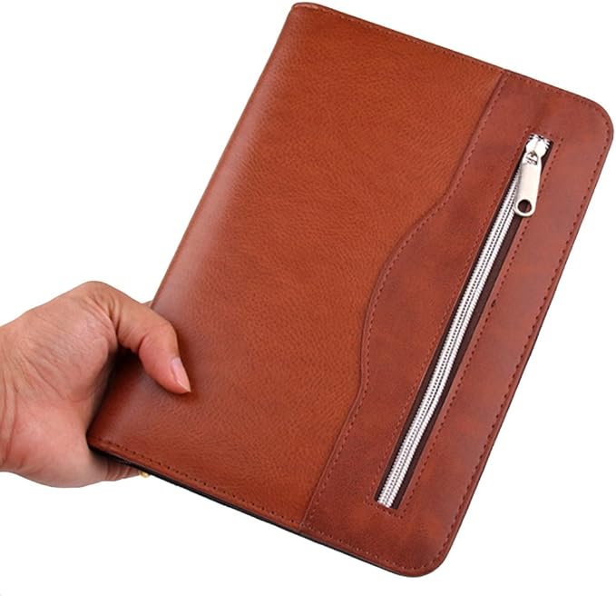 Marte Vanci A5 PU Leather Business Padfolio Notebook Zippered Closure and Interior Professional Interview Resume Document Organizer Brown