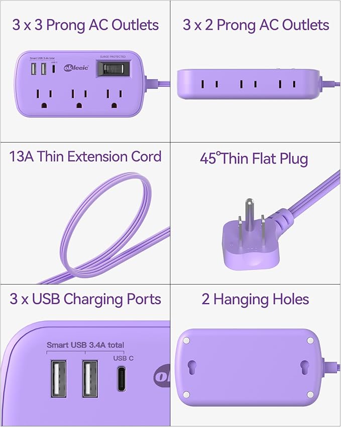 Purple Extension Cord with Surge Protected - Cute Travel Power Strip with 6 AC Outlet 3 USB (1 USB-C) Charging Station, Purple Desk Accessories Wall Mountable Cute Kawaii Lavender Office Dorm Room