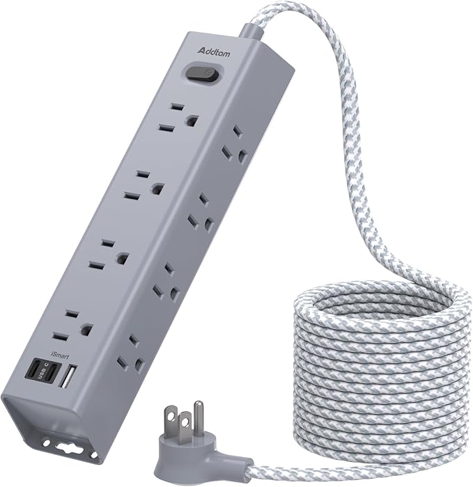 Surge Protector Power Strip - 10 FT Extension Cord, Power Strip with 12 Widely AC Outlet 3 USB, Flat Plug Wall Mount Overload Protection, 1050J, Desk Charging Station for Home Office, ETL Listed,Grey