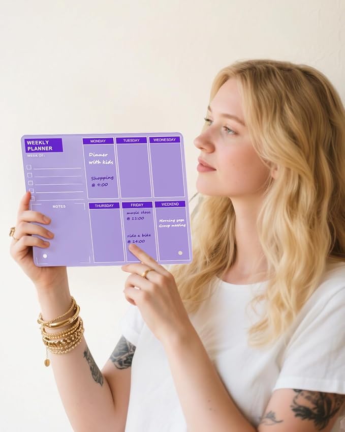 Desktop Thickened Acrylic Dry Erase Board, Weekly White Board with to Do List, Tabletop Whiteboard with Stand, Frameless Dry Erase Purple Board,9.8"x11.8" for Office, Home, School(Desktop-PUR-2530)