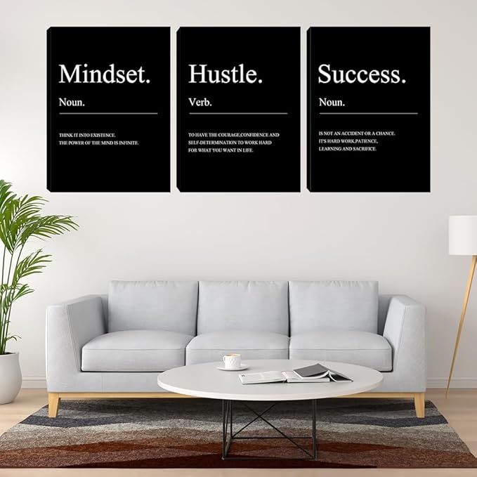 Black Motivational Mindset Wall Decor Canvas Wall Art Hustle Posters Prints Inspirational Entrepreneur Office Decor Success Paintings Artwork Home Bedroom Living Room Decorations (48" Wx24 H)