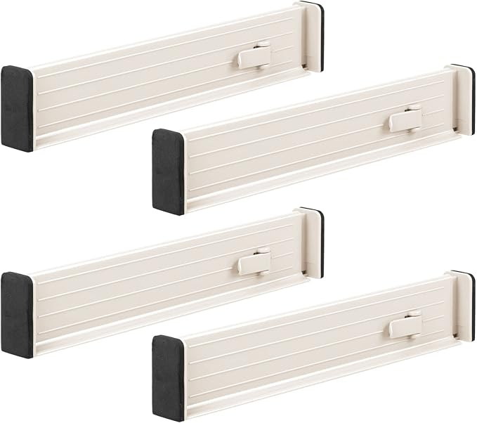 mDesign Set of 4 Drawer Dividers – Expandable Drawer Organiser Set with Protective Foam Ends – Useful Kitchen Accessories – Cream