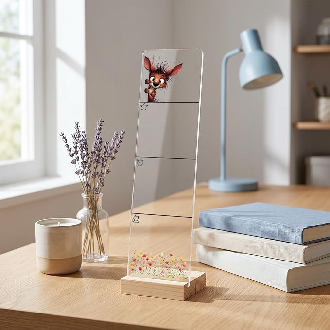 Sticky Note Holder, Monitor Memo Board, Acrylic Post It Note Holder with Wooden Base, Includes 200 Notes, Desk Organizer for Office, Rabbit Design
