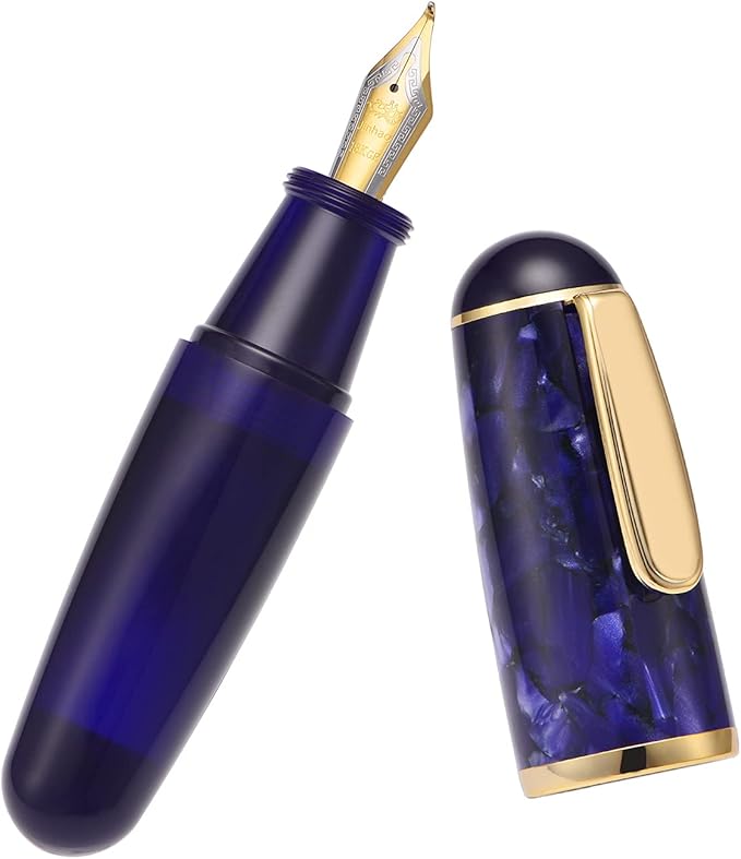Lanxivi Majohn Q1 Fountain Pen Fude Pen Bent Nib Purple Blue Acrylic, Little Fat Man Eyedropper Filling Pocket Pen Large Capacity
