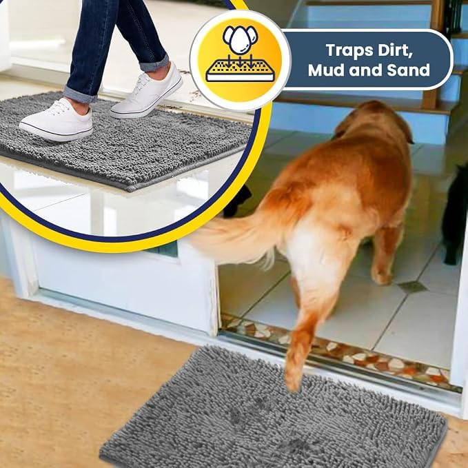 Muddy Mat® | Super Absorbent Door Mat Indoor, Microfiber Quick Dry Chenille Entryway Rug, Non-Slip Front Door Mat, Indoor Mats for Entryway, Machine Washable Pet Rug, Light Grey 19" x 30"